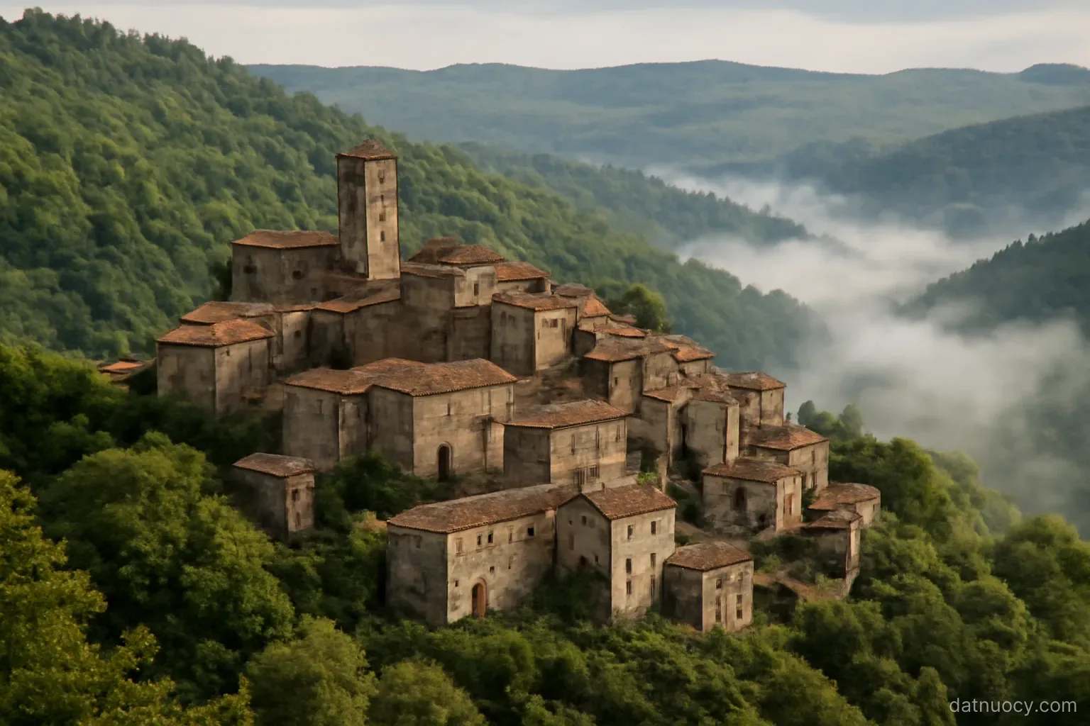 A stone hill village half-empty on a forested ridge with mist in the valley below, no visible people