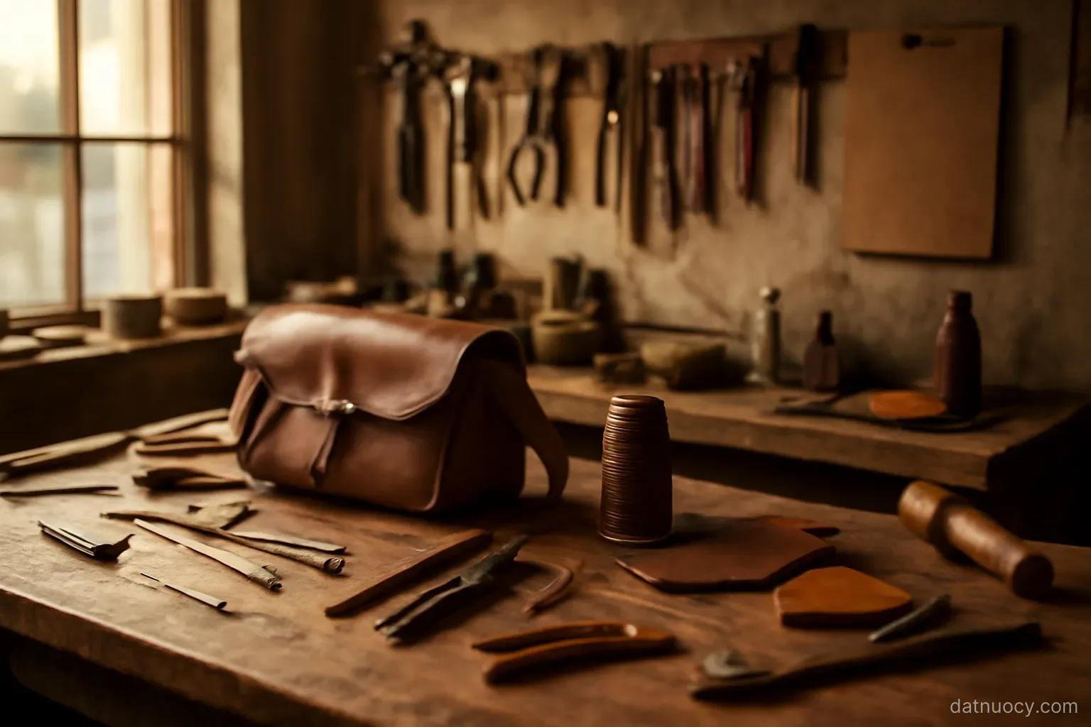 A small family workshop with hand tools and half-finished leather goods on a workbench, warm light