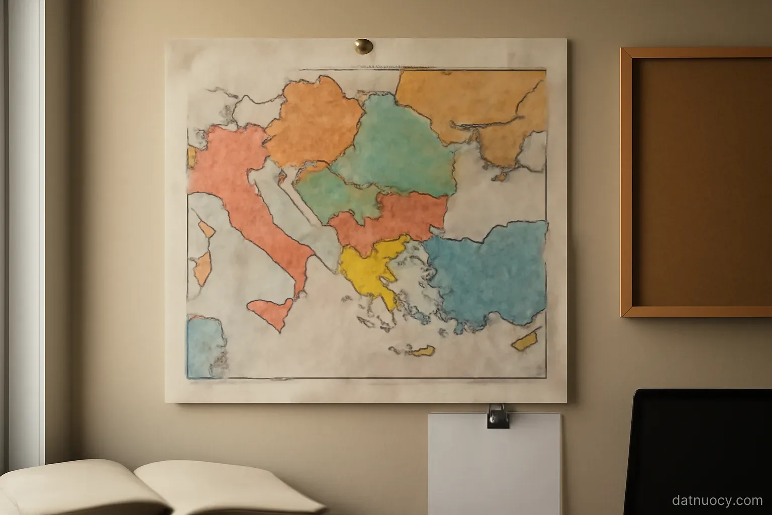 A hand-drawn linguistic map pinned to a study wall with coloured zones and no readable labels
