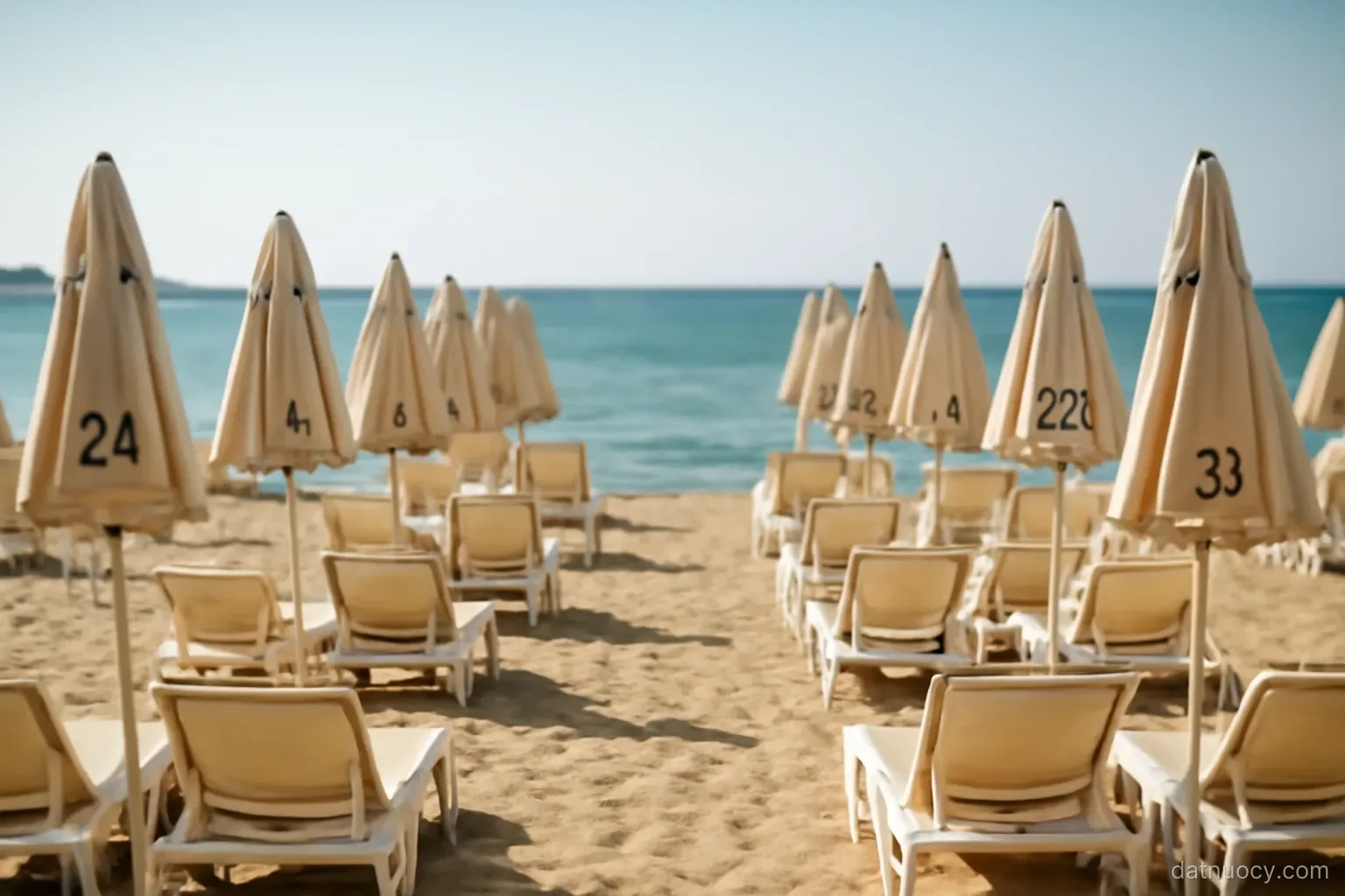 Rows of numbered beach umbrellas and loungers on sand with the sea behind, bright summer light