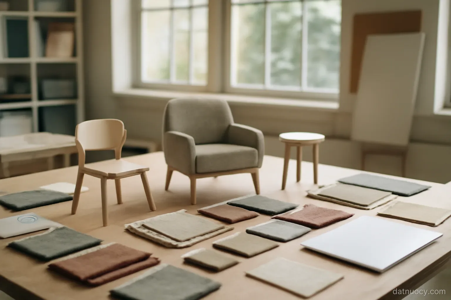 A design studio with furniture prototypes and fabric samples arranged on a large table, daylight