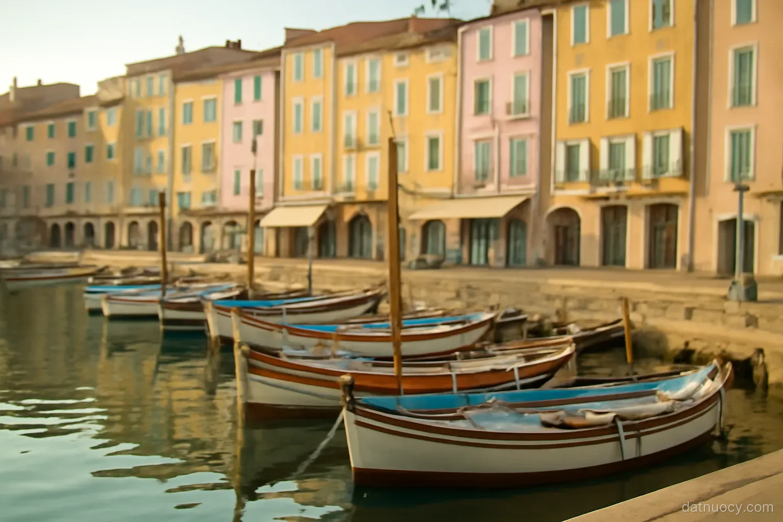 Old harbour of a Mediterranean port town with wooden boats and tall pastel buildings behind, morning light