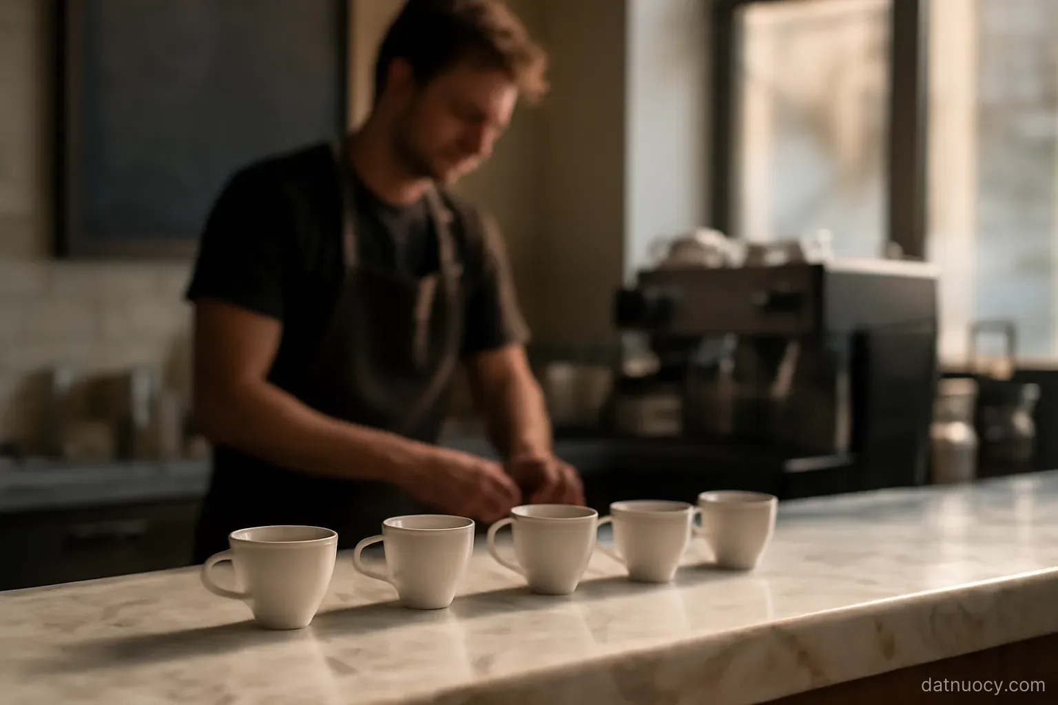 A marble café counter with small cups lined up and a barista working behind it, morning light, no text