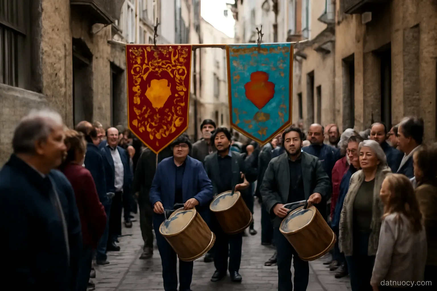 A neighbourhood procession with colourful banners and drummers in a narrow old street, crowd watching