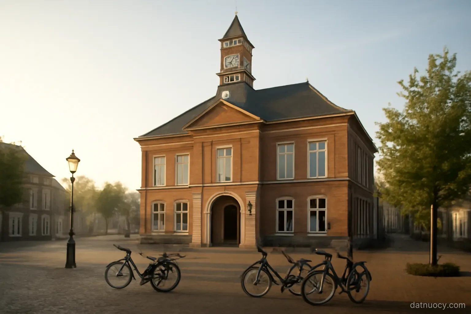 A small town hall building with a clock tower on a quiet square, bicycles parked, morning light, no text