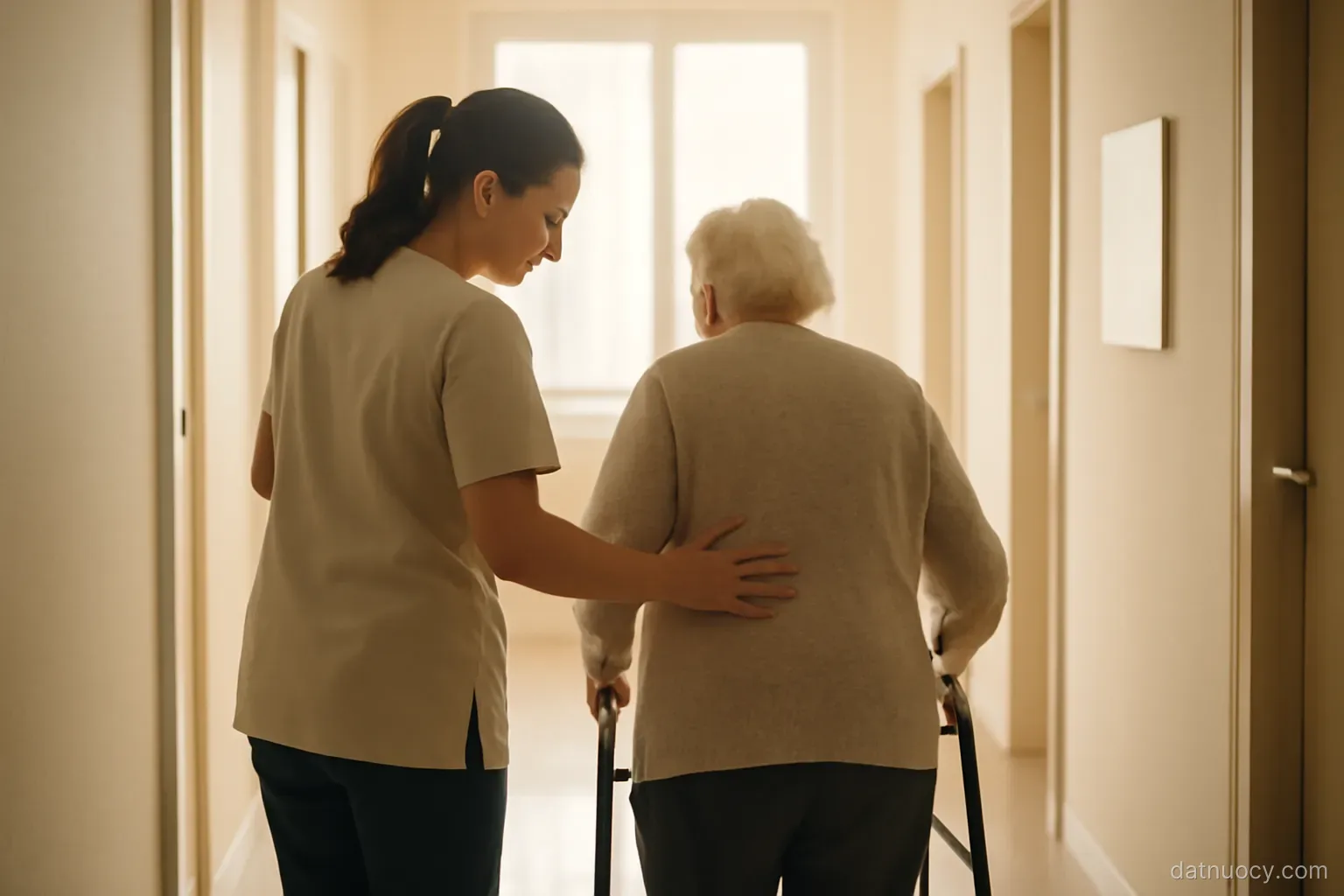 A care worker helping an elderly person walk in a sunlit apartment hallway, calm and respectful