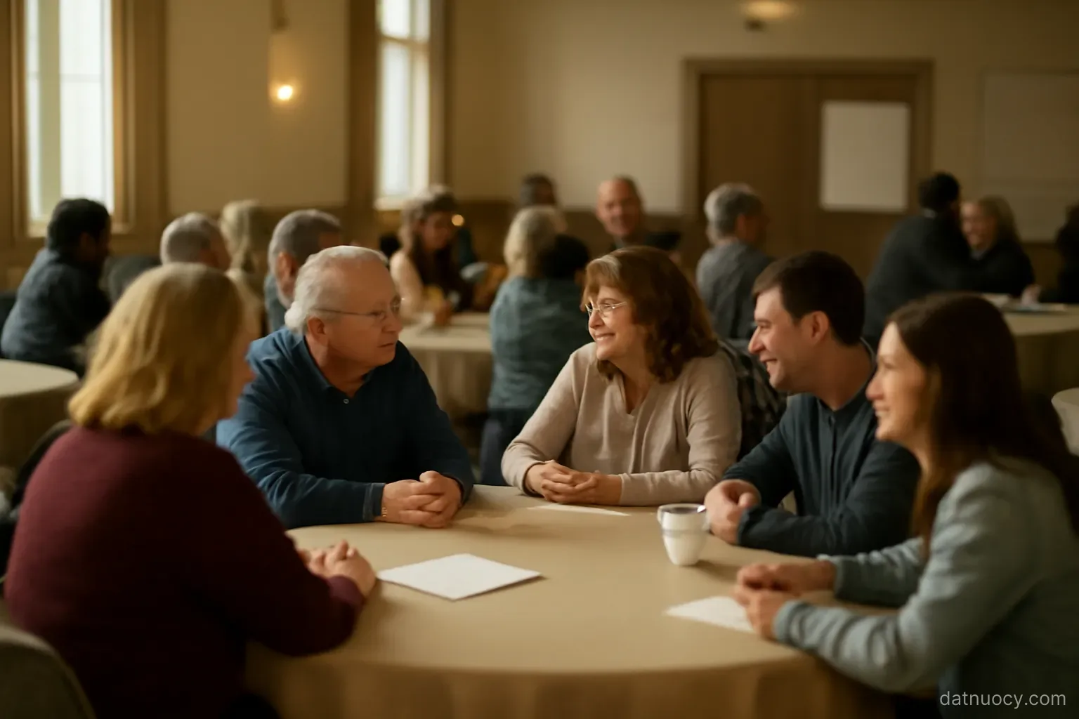 A small community gathering in a rented hall with round tables and people talking, warm indoor light
