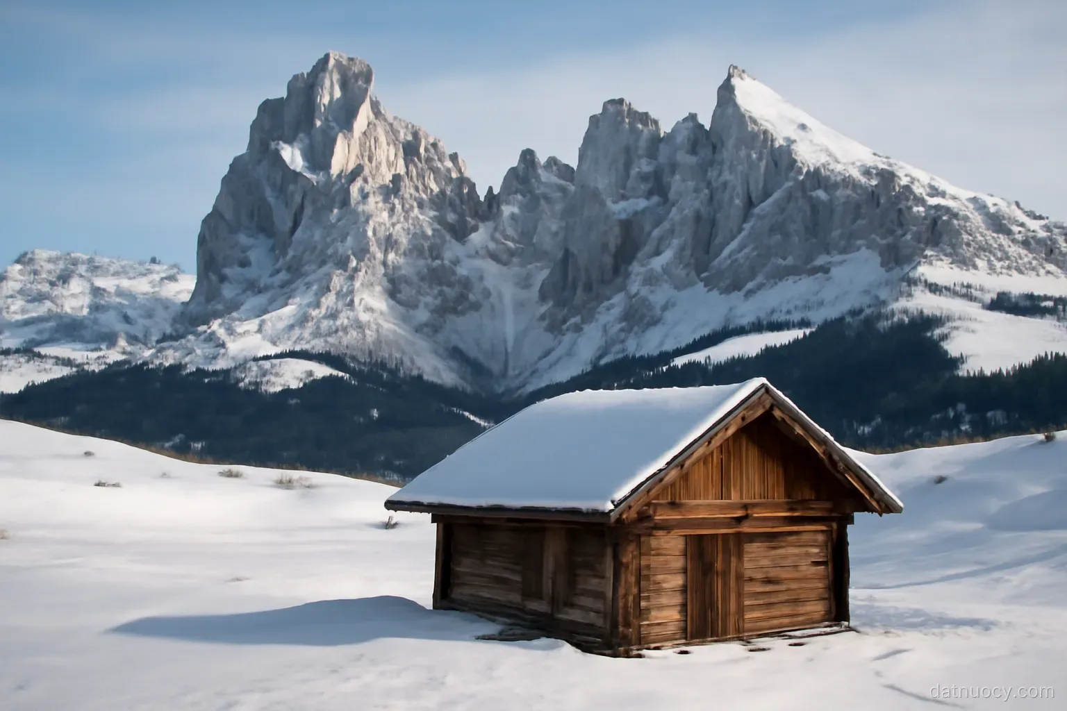 Jagged pale limestone peaks above a snow-covered valley with a wooden mountain hut in the foreground