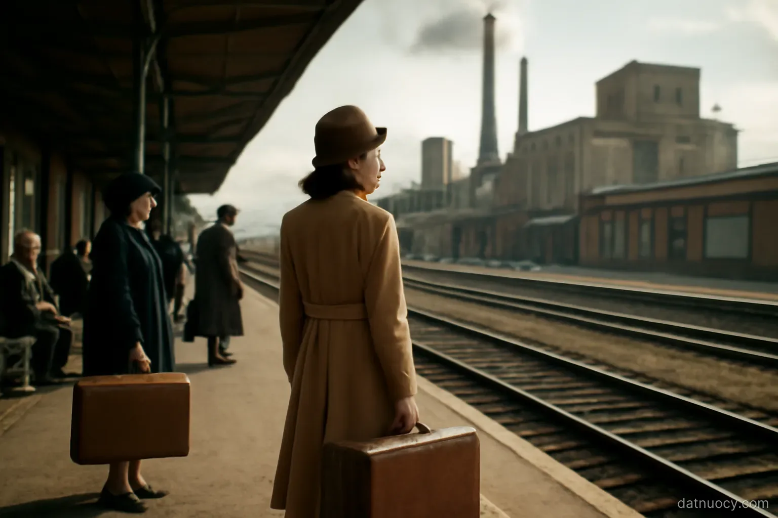 A vintage-style railway platform with people and suitcases waiting, industrial buildings behind, no text