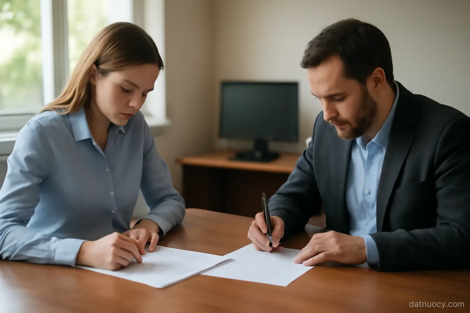 An employee and manager signing documents across a desk in a modest office, natural light, no readable text