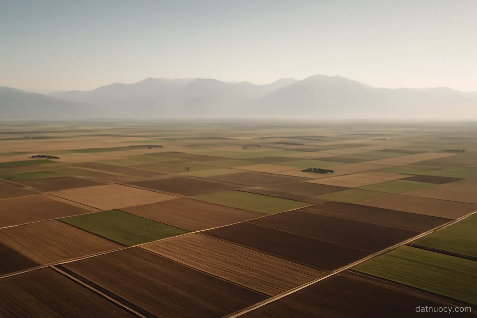 Aerial view of a wide flat farmland plain with a mountain range on the far horizon, hazy air