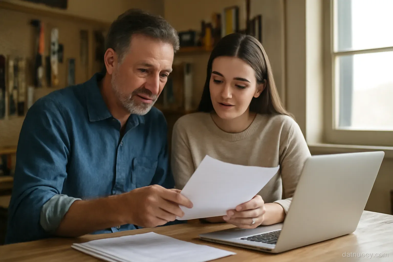 A father and adult daughter reviewing paperwork together in a small workshop office, tools visible behind