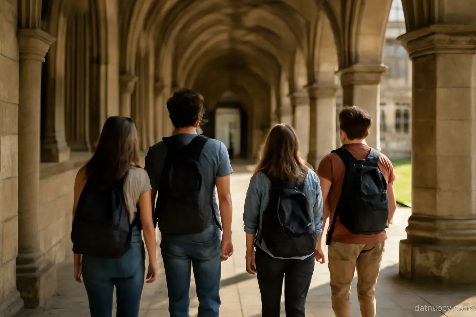 Students walking through an old university courtyard with stone arcades, backpacks, bright day