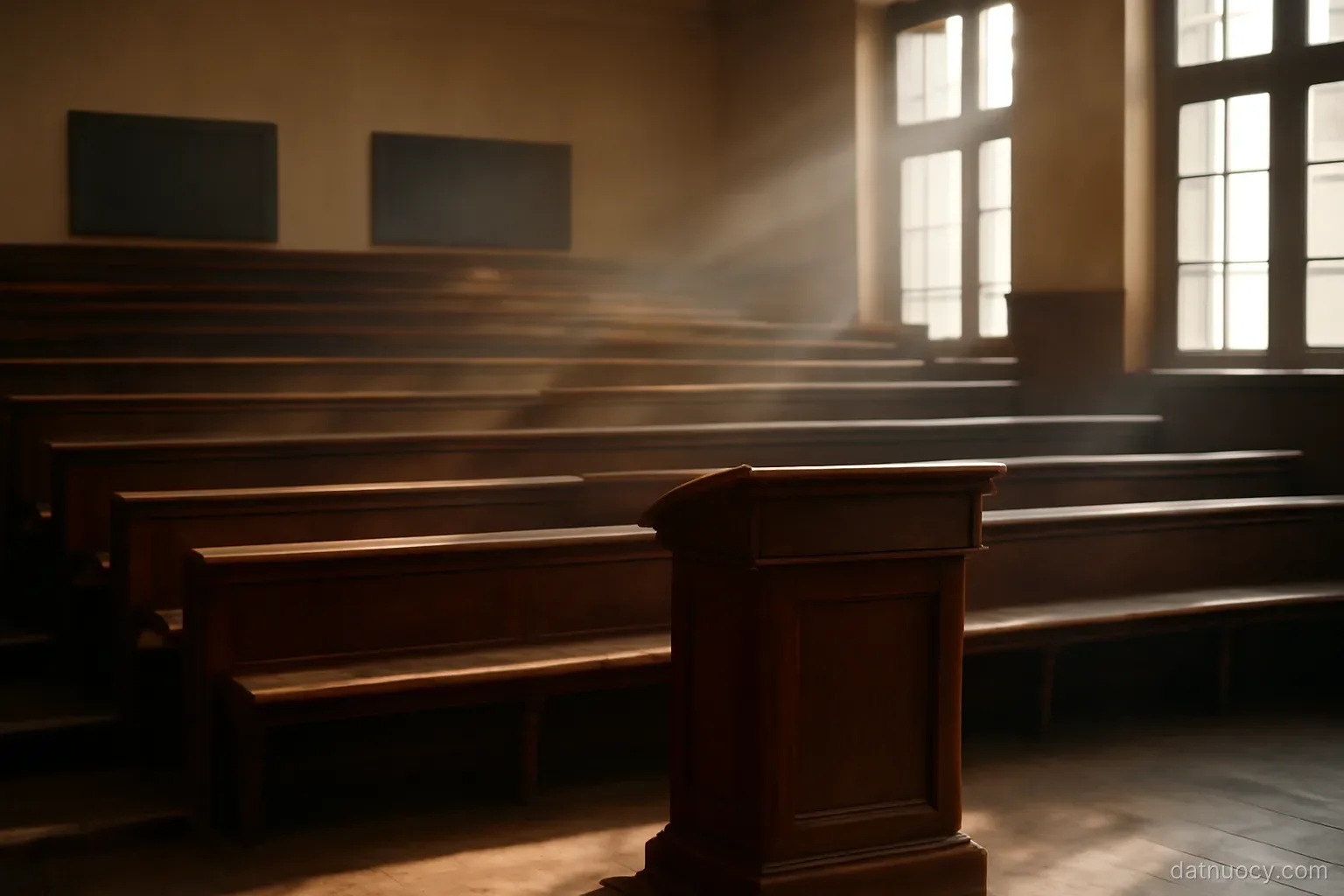An old university lecture hall with wooden tiered benches and a plain lectern, dust in sunbeams, no text