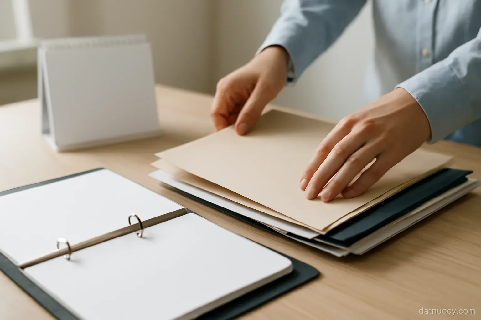 Hands organising official documents and folders on a table with a calendar nearby, neutral daylight