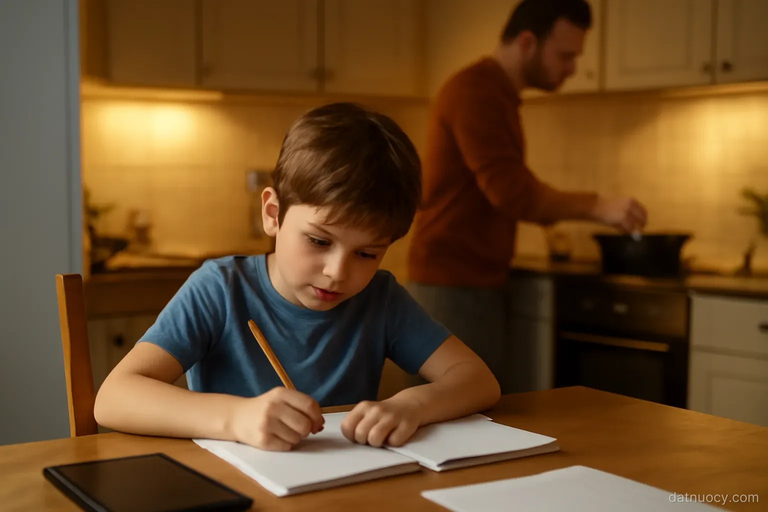 A child doing homework at a kitchen table while a parent cooks nearby, evening light, no readable text