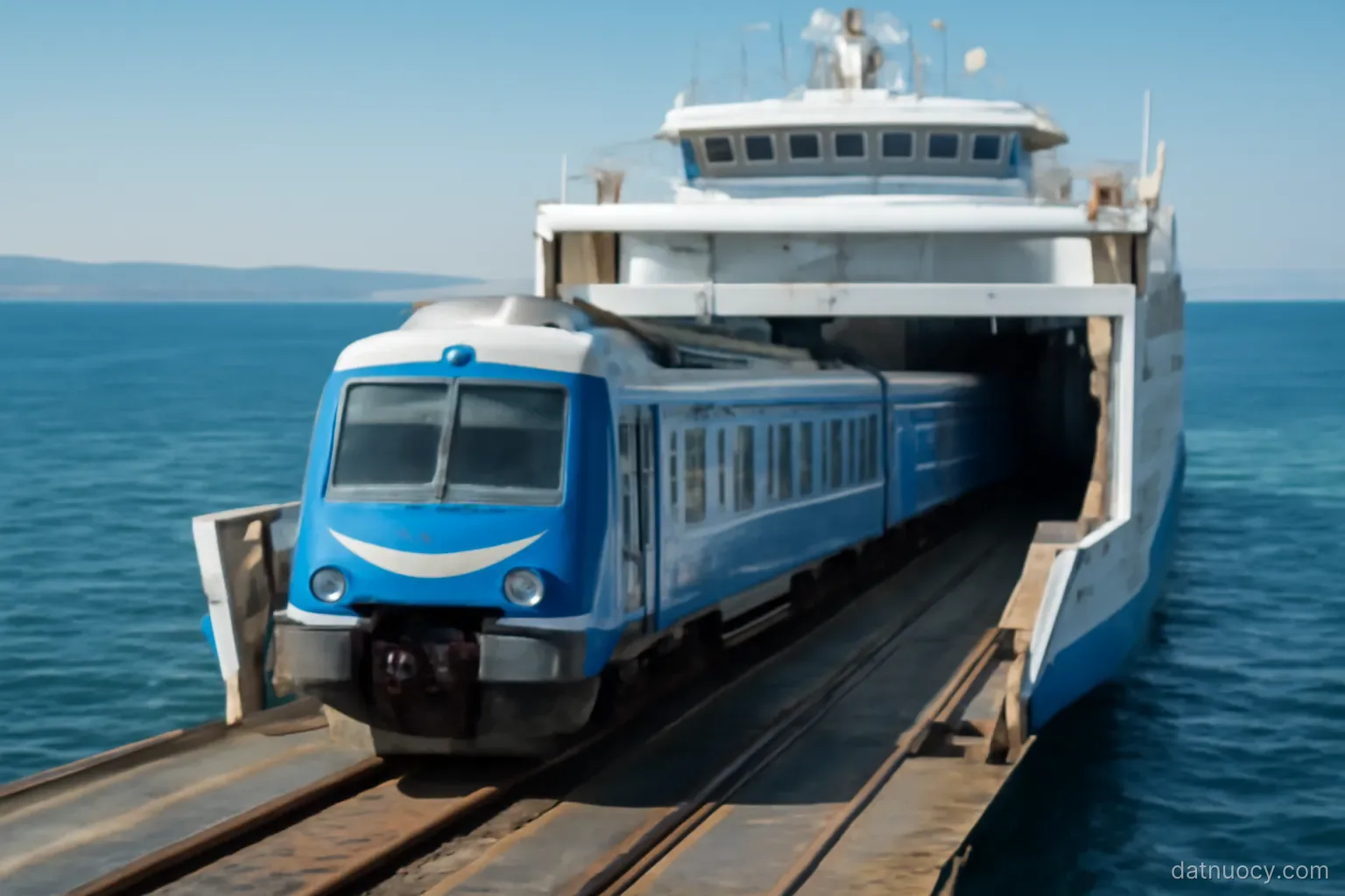A train being loaded onto a ferry at a strait crossing, blue water and a distant coastline, no text