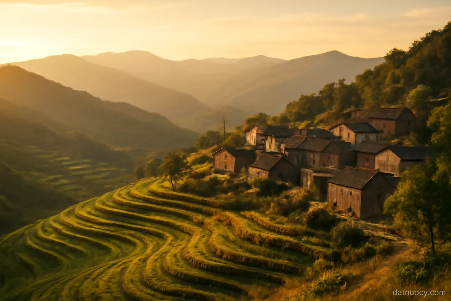 A hilltop view over terraced fields and a small stone village with mountains behind, golden light, no text