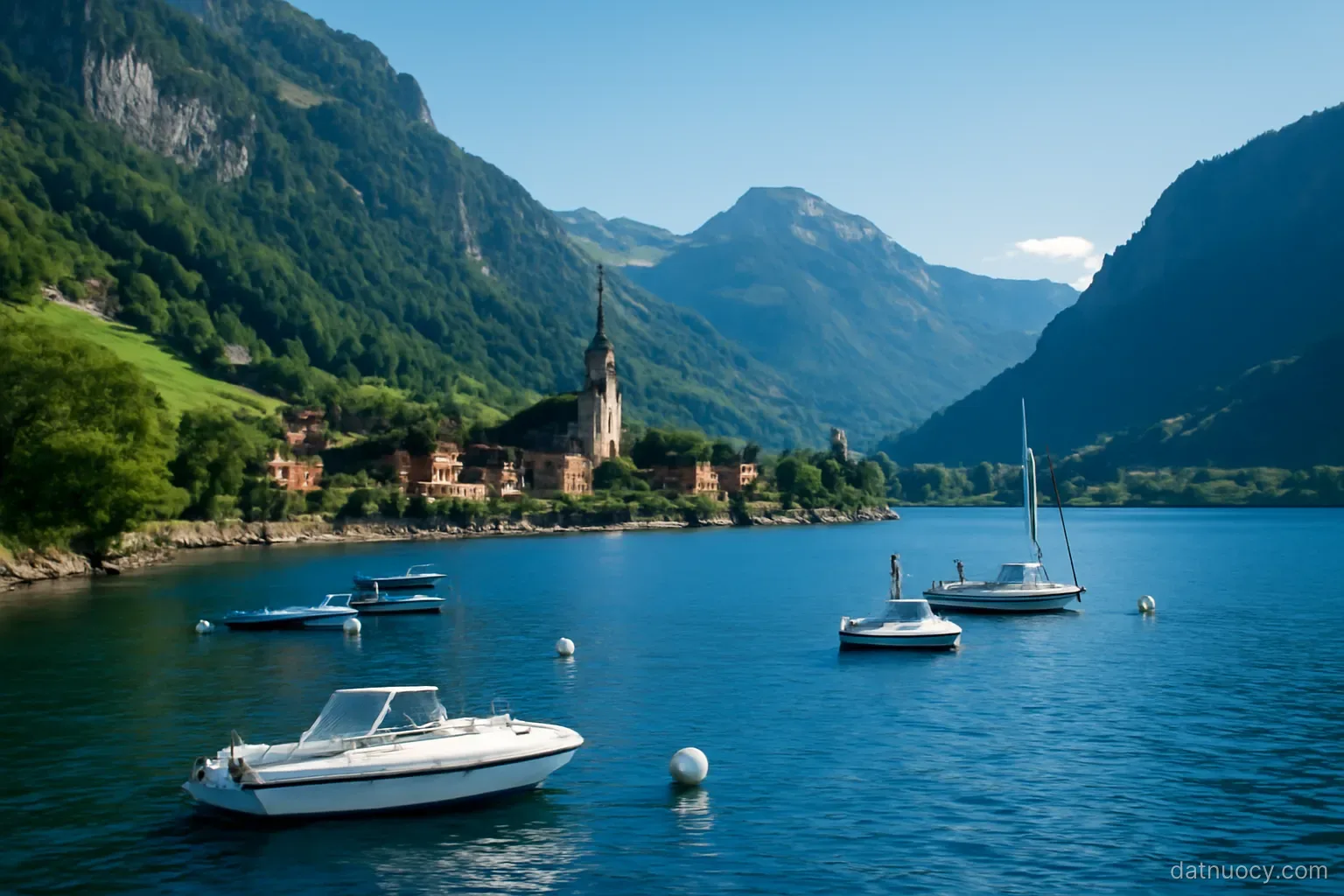 A deep blue alpine lake with steep green slopes and a small lakeside town, boats moored, clear day