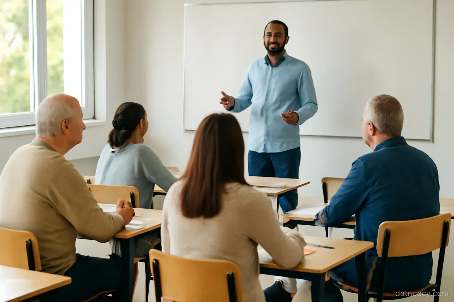 An adult language class with students of different ages at desks and a whiteboard wiped blank