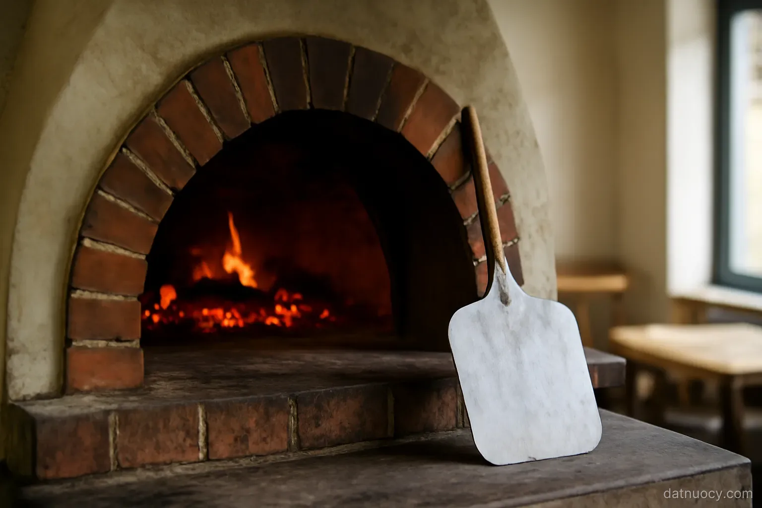 A wood-fired oven with a pizza peel resting against it inside a simple pizzeria, glowing embers
