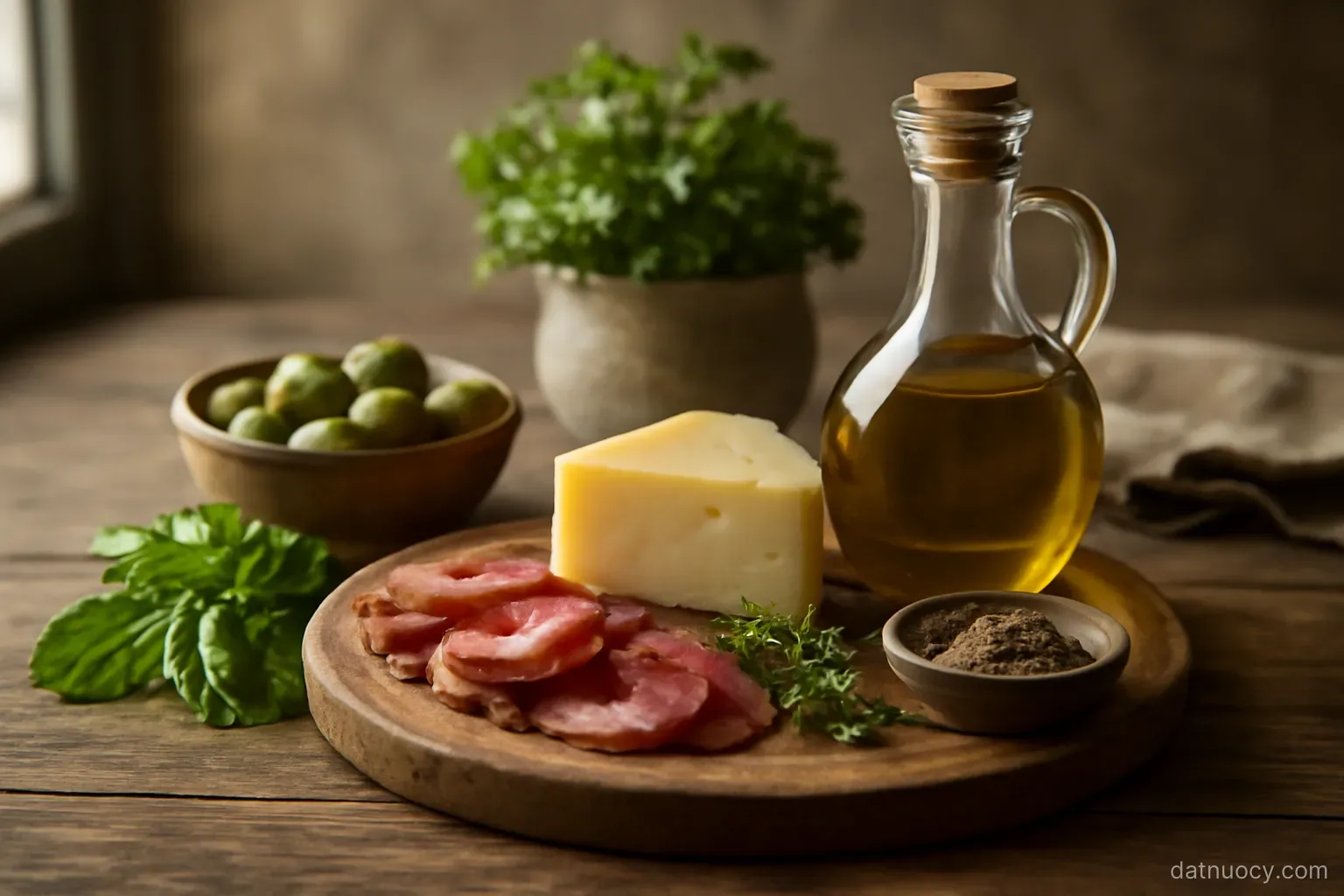 A rustic kitchen table with regional ingredients laid out - olive oil, cheese, cured meat, fresh herbs