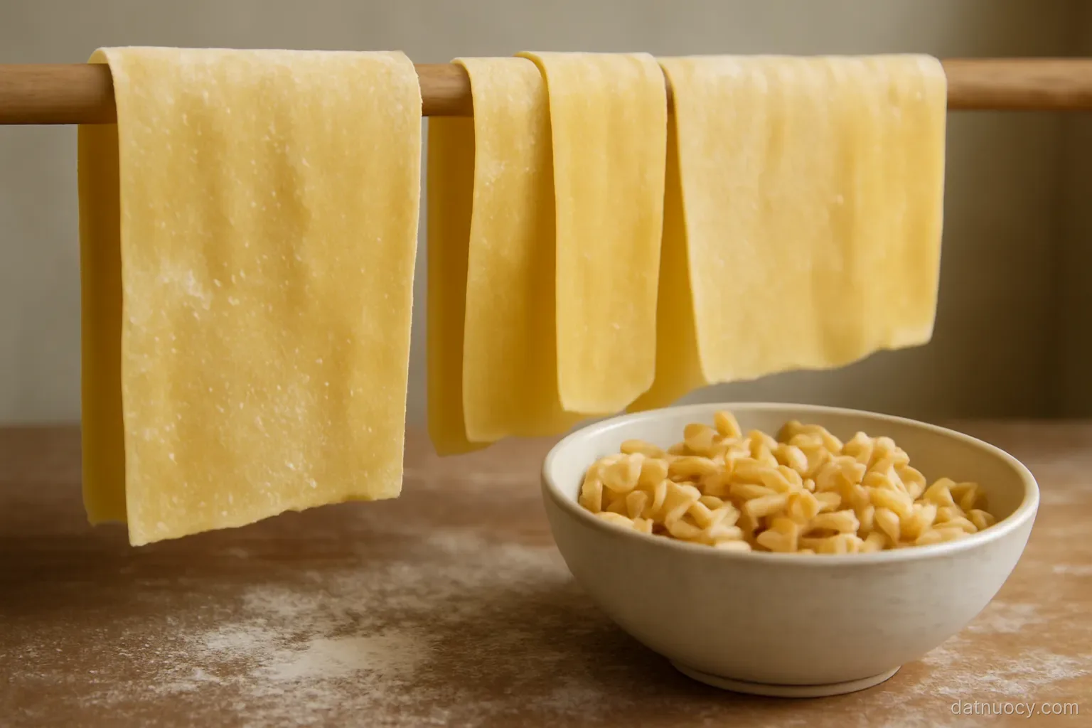 Fresh egg pasta sheets draped over a wooden rod beside a bowl of dried pasta shapes, flour dusted