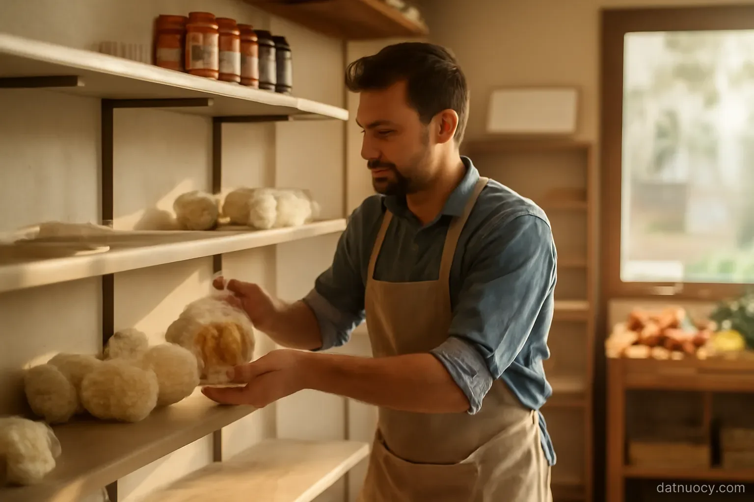 A newly opened small shop with empty shelves being stocked, owner arranging goods, morning light