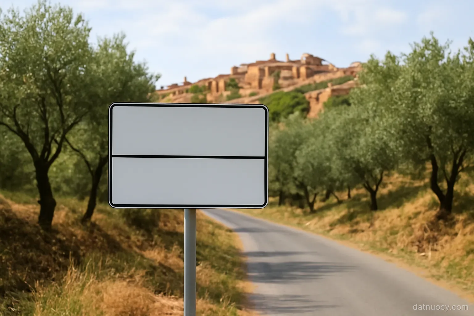 A bilingual village sign at the entrance of a small southern hill village with olive trees, no readable text