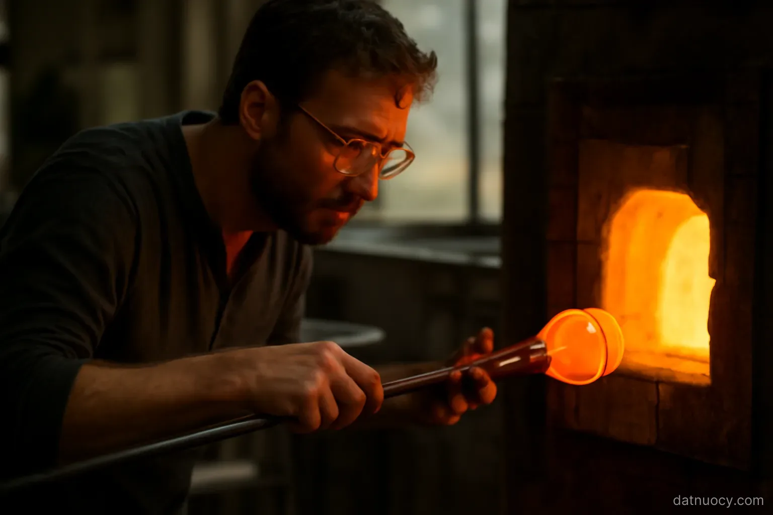 A craftsman shaping molten glass with tools at a furnace, orange glow lighting his face and hands