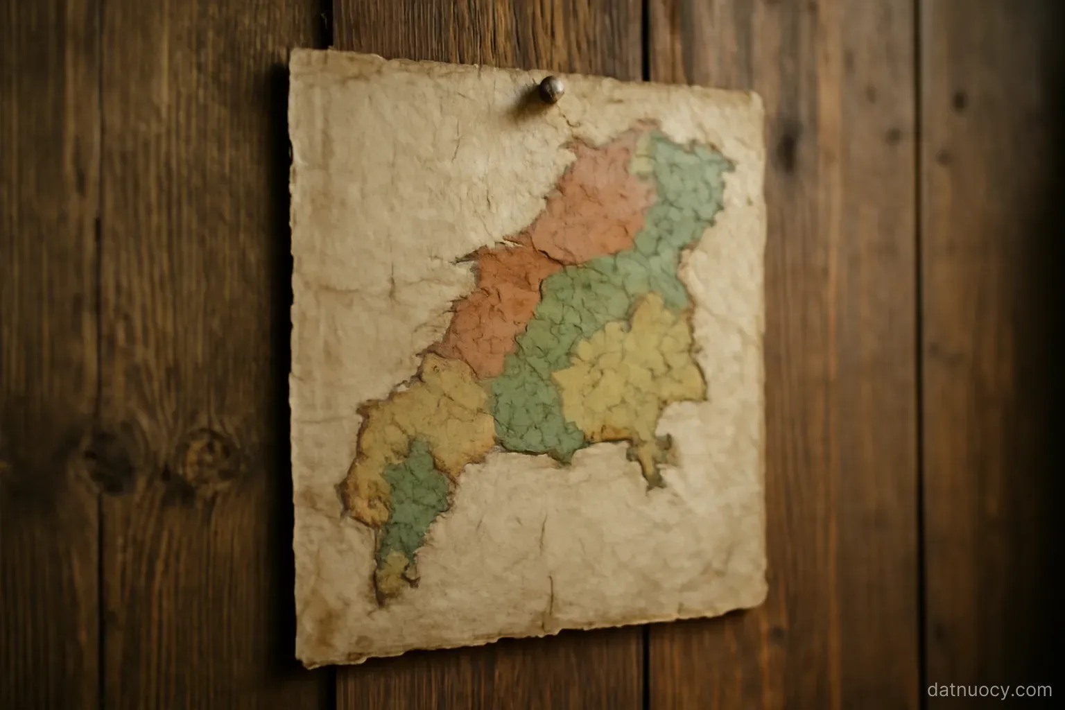 An old map of a peninsula pinned on a wooden wall with divided territories in different colours, no readable labels