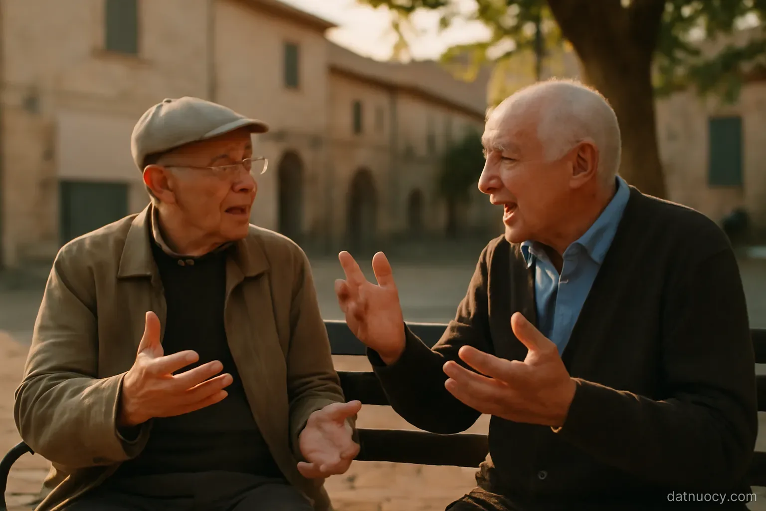 Two elderly men talking animatedly on a bench in a village square, hands gesturing, warm light
