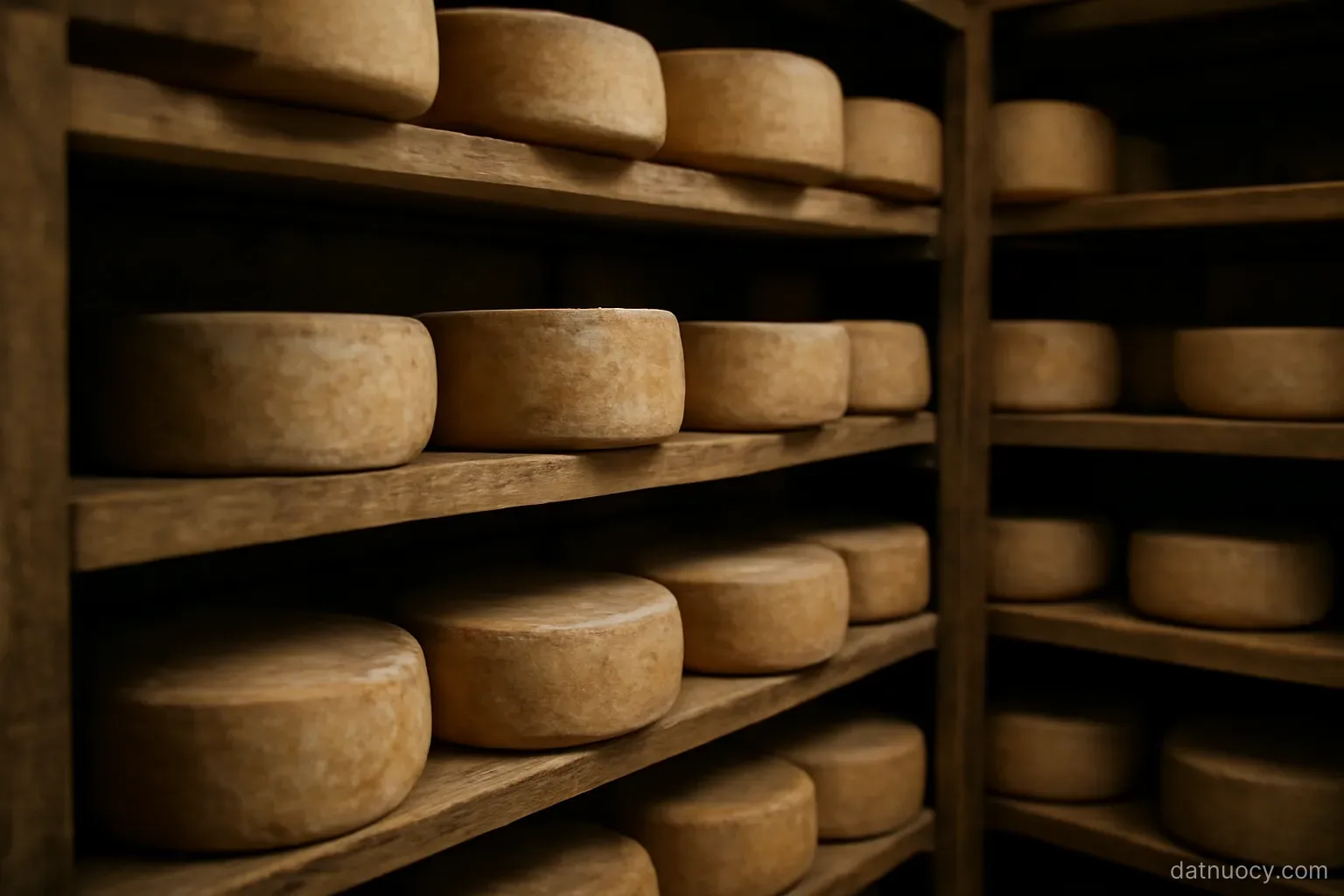 Wheels of aged cheese stacked on wooden shelves in a cool storage room, dim even lighting, no text