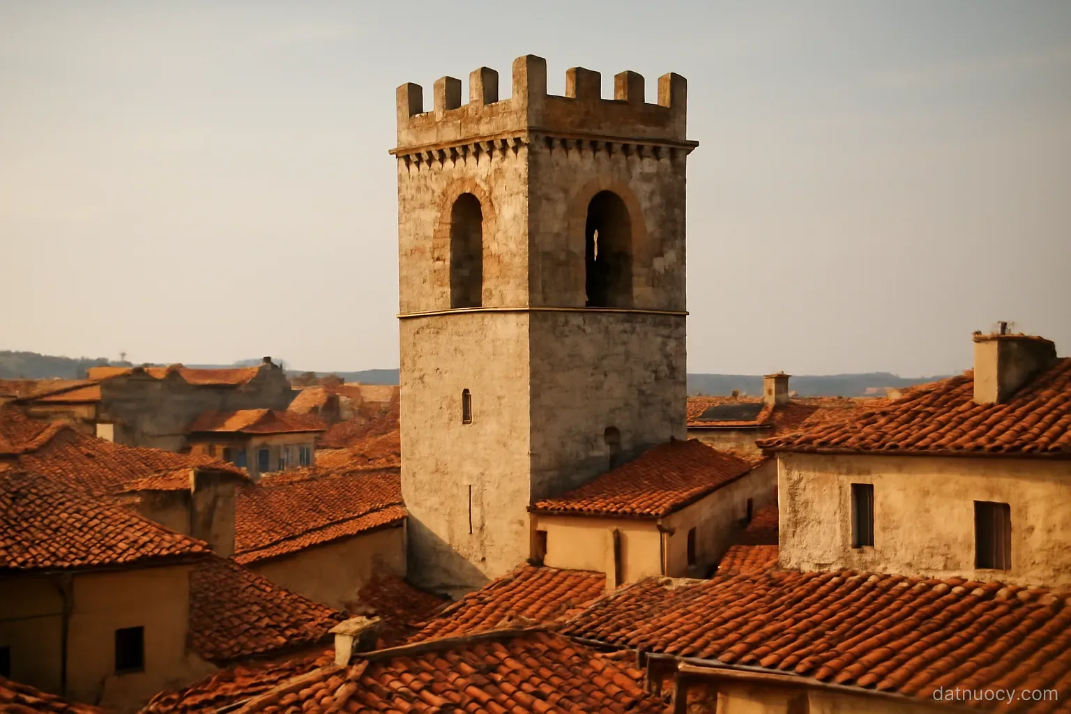 A medieval stone civic tower rising above red tiled roofs of an old town, late afternoon sun, no text