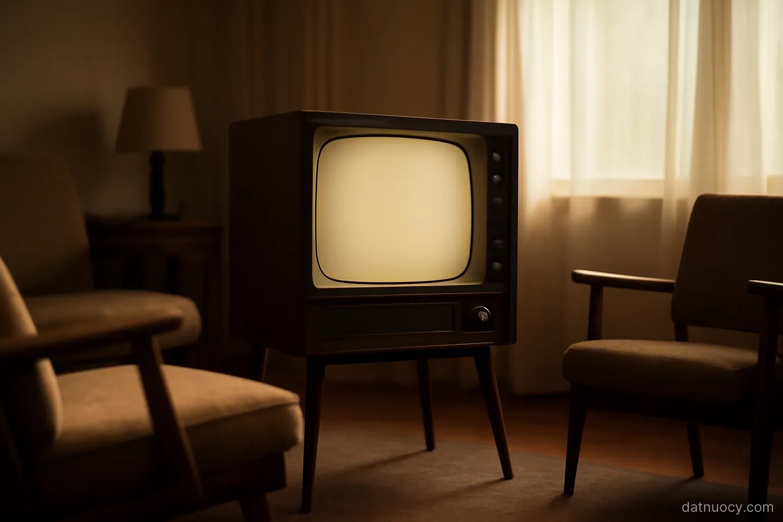 A 1950s style television set in a modest living room with chairs arranged around it, evening light