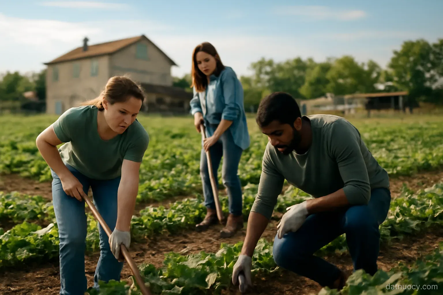 A confiscated rural estate turned into a working cooperative farm with volunteers in the fields, daylight