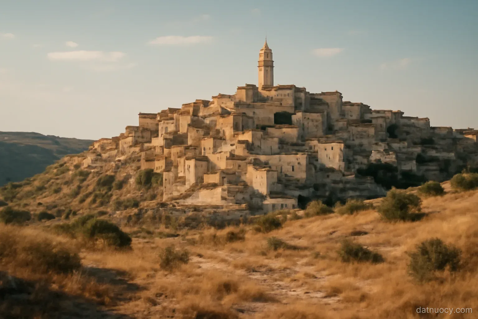 A sunlit southern Italian hill town of pale stone houses seen from a distance, dry landscape, no text