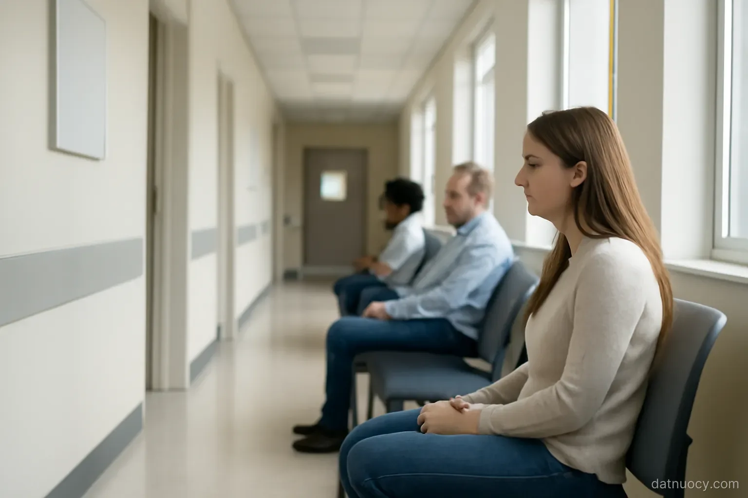 A hospital corridor with signage removed, people waiting on chairs, clean daylight through windows
